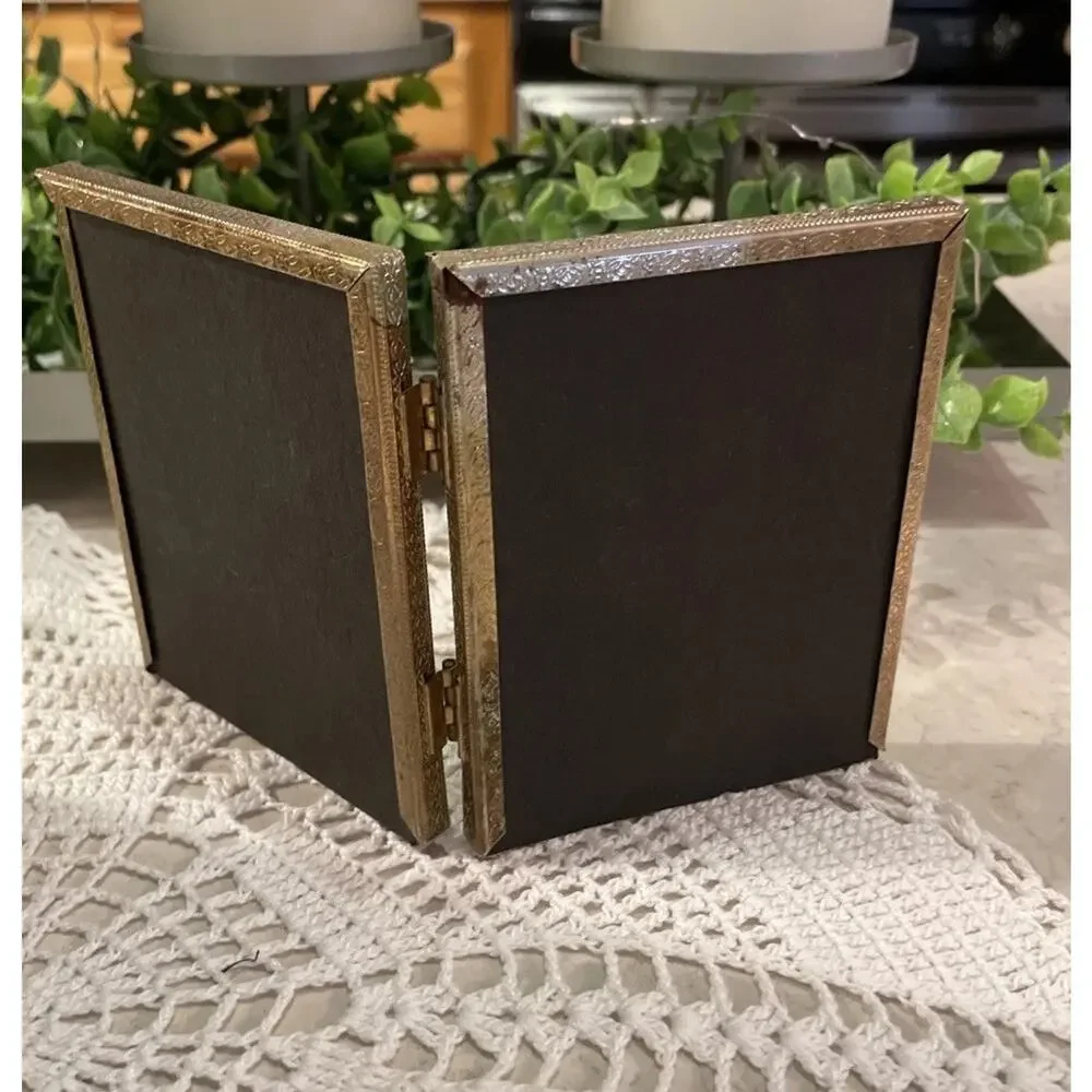 Vintage MCM Ornate Brass Gold Tone Photo Frame 3.25x4.25 Bi-Fold Double & 5x7